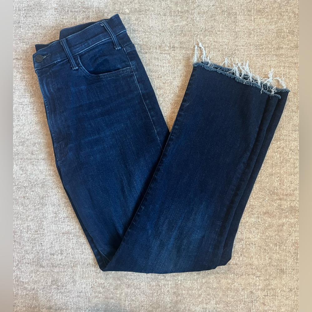 MOTHER Dark Indigo Raw Hem Ankle Crop Jeans